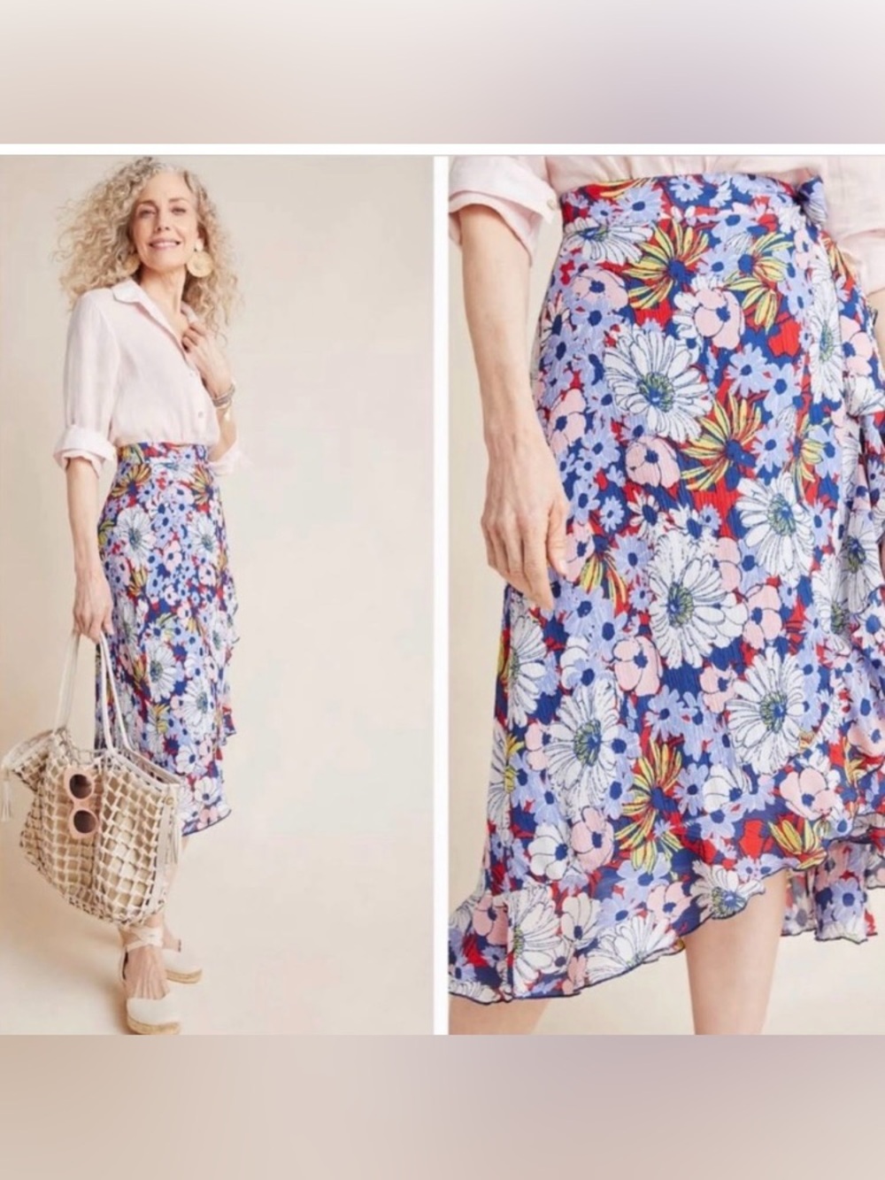 Anthropologie Maeve Sybil Wrap Skirt Sz Medium Floral Tie Waist Ruffle Hem Midi